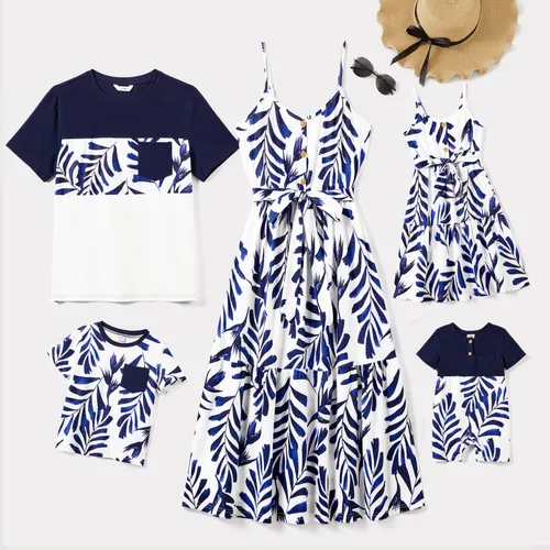 Familienpassendes modernes blau-weißes botanisches Blattdesign-Kleid mit Knopfriemen und Colorblock-T-Shirts