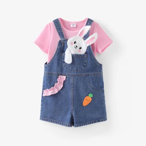 Toddler Girl 2pcs Solid Tee and Rabbit Embroidery Denim Overalls Set