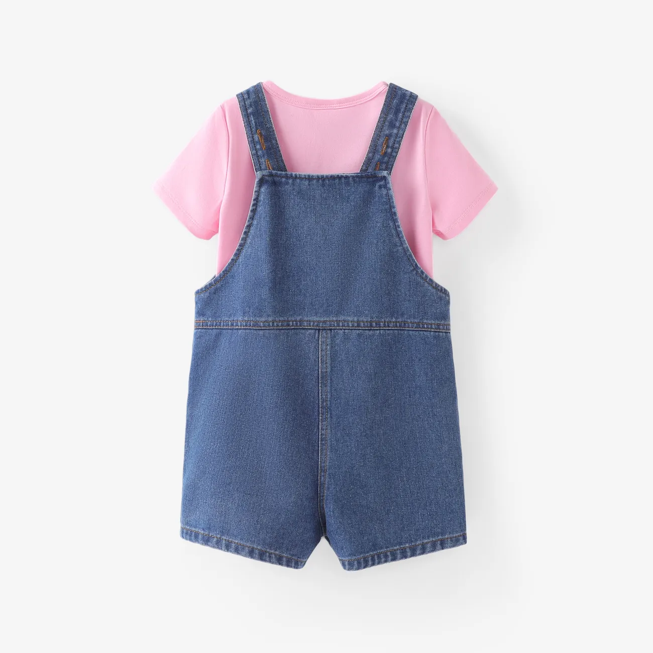 Toddler Girl 2pcs Solid Tee and Rabbit Embroidery Denim Overalls Set Pink big image 1