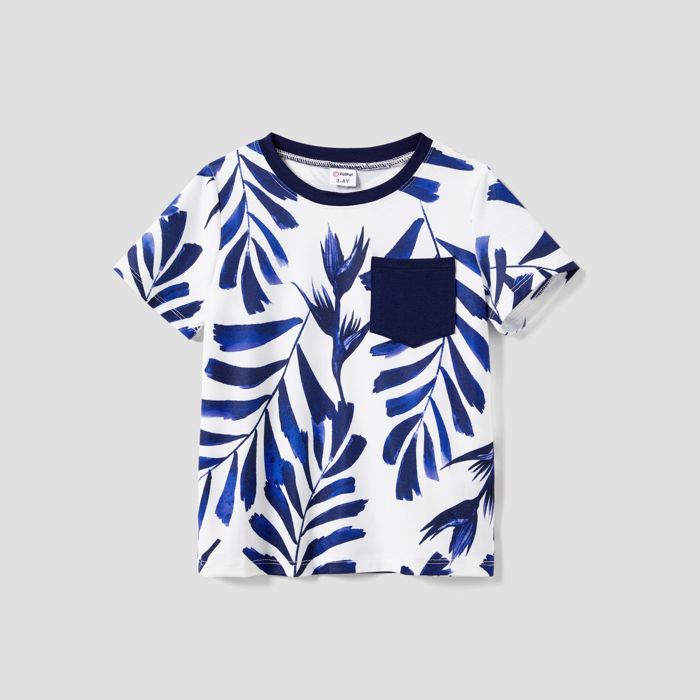 

Family Matching Modern Blue and White Botanical Leaf Design Button Strap Dress and Color Block Tee Sets
