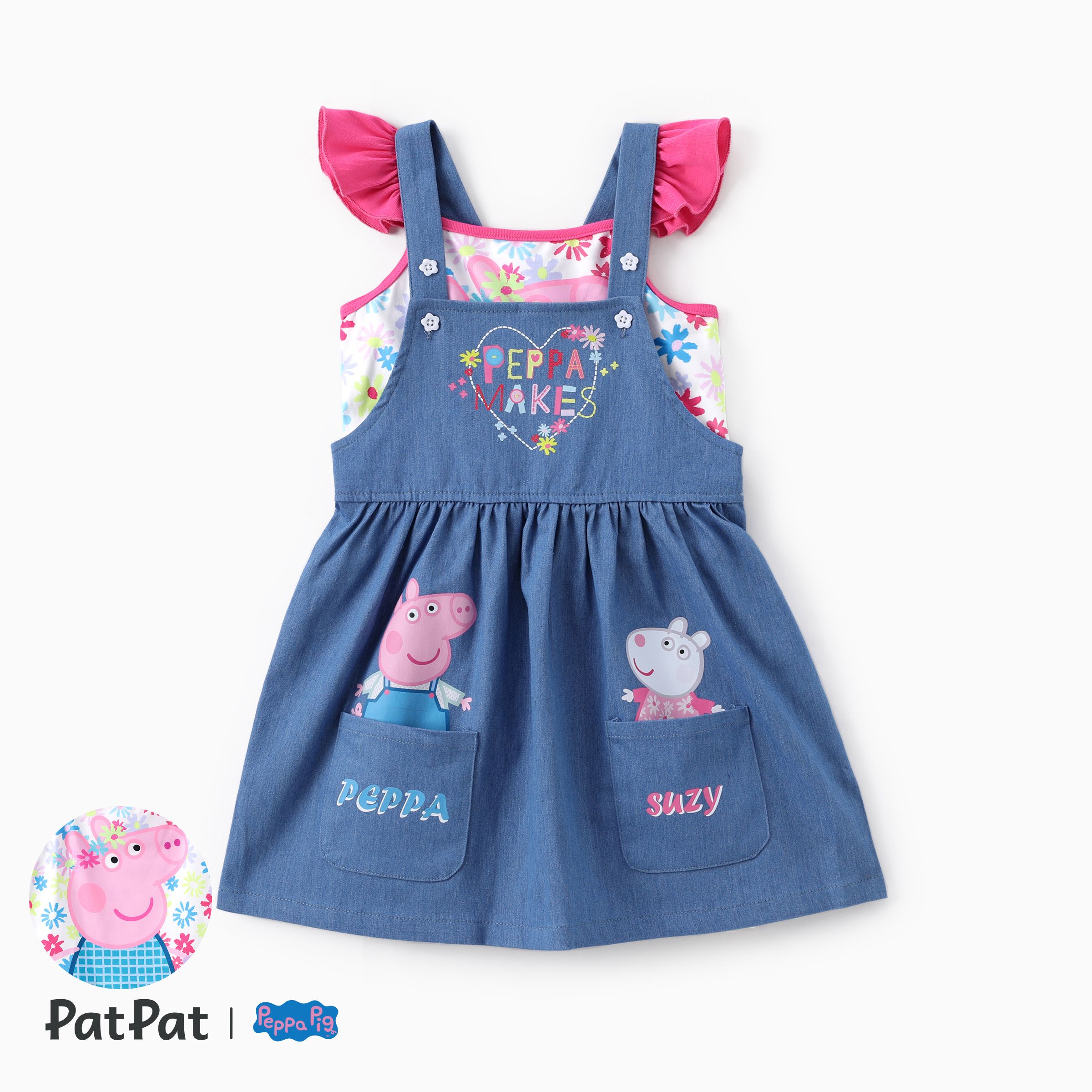 

Peppa Pig Toddler Girls 2pcs Floral Character Print Flutter-sleeve Top with Overalls Denim Pocket Dress