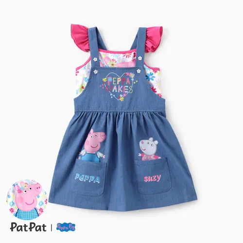 Peppa Pig Toddler Girls 2pcs Floral Character Print Flutter-sleeve Top with Overalls Denim Pocket Dress