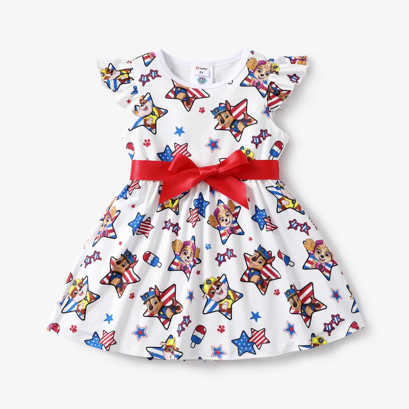 Paw Patrol Toddler Girls Independence Day 1pc Character Paw and Flag Star Pentagram All-over Print Bowknot Flutter-sleeve Dress White big image 1