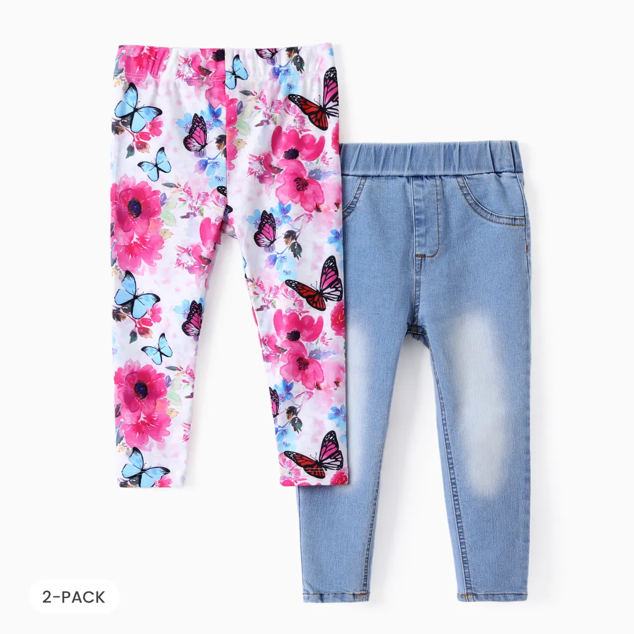 Niño pequeño / niña 2pcs Leggings con estampado floral y conjunto de jeans de mezclilla sólida Multicolor big image 1