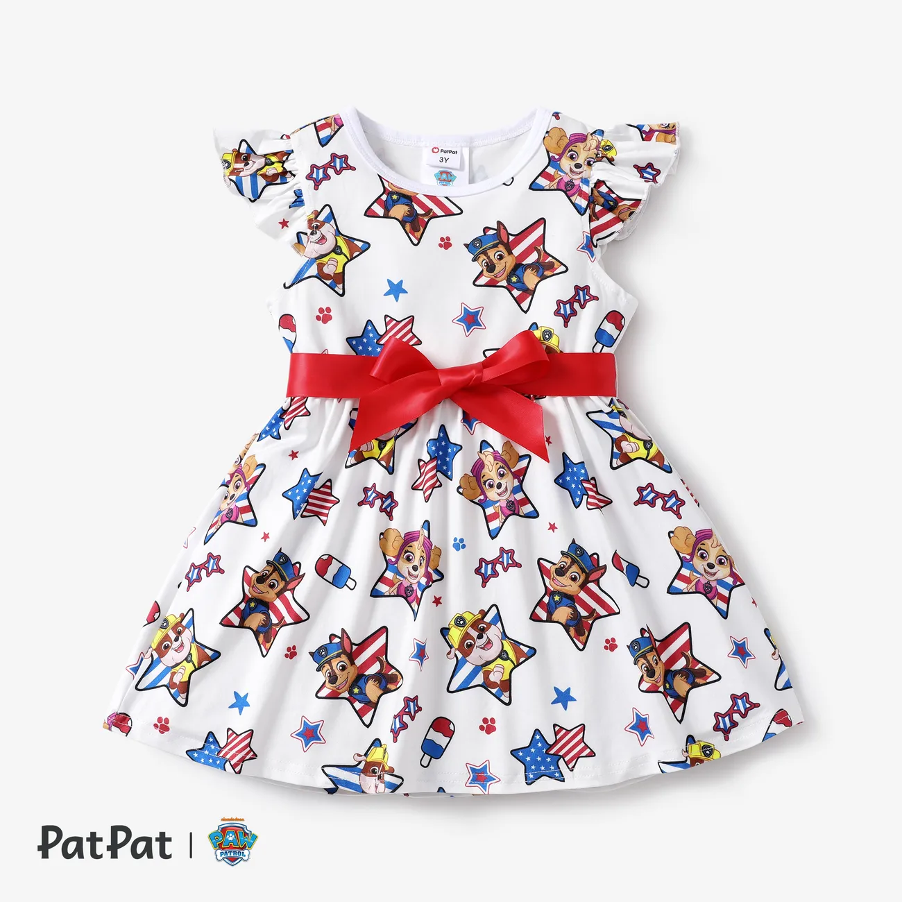 Paw Patrol Toddler Girls Independence Day 1pc Character Paw and Flag Star Pentagram All-over Print Bowknot Flutter-sleeve Dress White big image 1