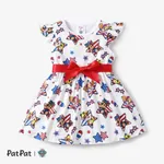 Paw Patrol Toddler Girls Independence Day 1pc Character Paw and Flag Star Pentagram All-over Print Bowknot Flutter-sleeve Dress White