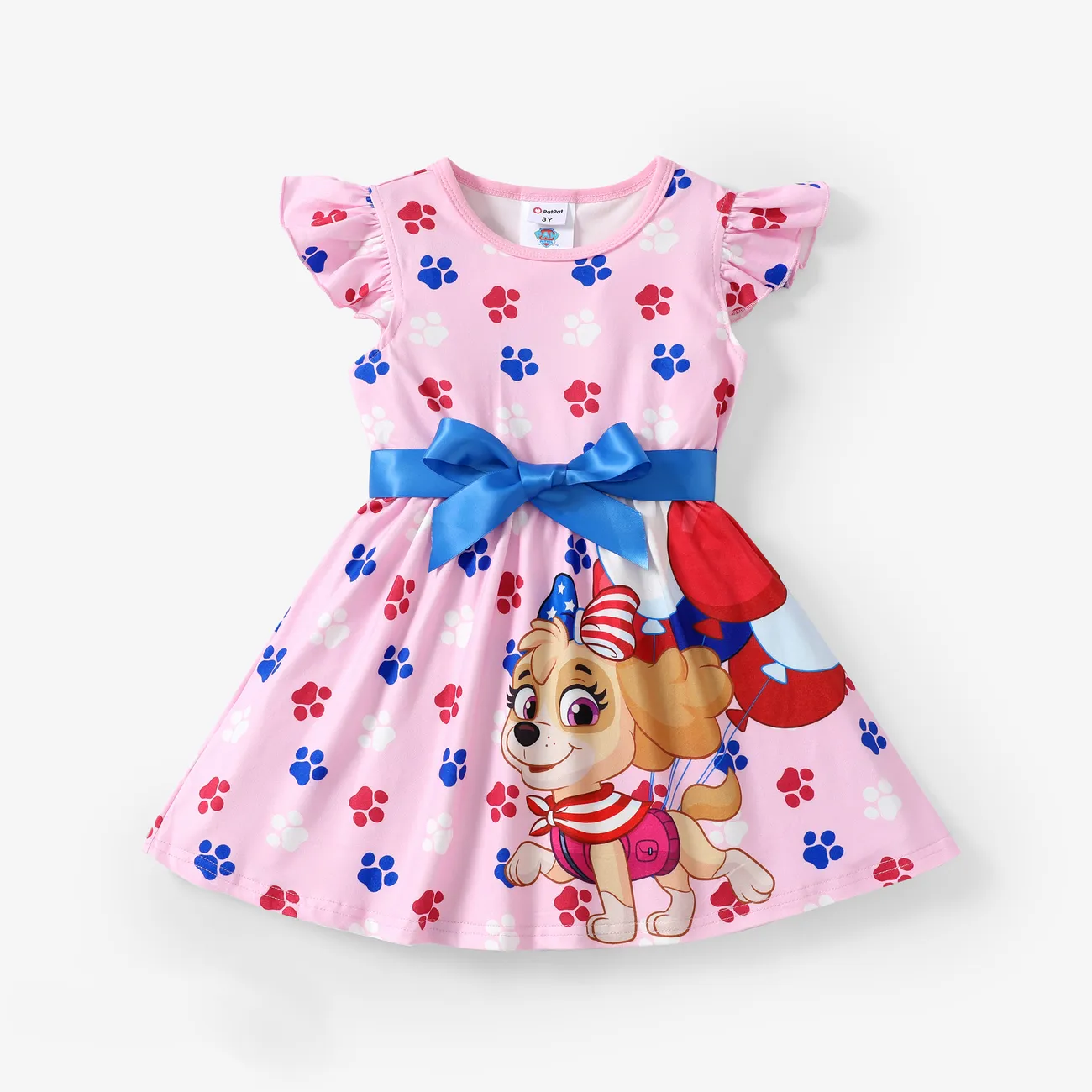 Paw Patrol Toddler Girls Independence Day 1pc Character Paw and Flag Star Pentagram All-over Print Bowknot Flutter-sleeve Dress Pink big image 1