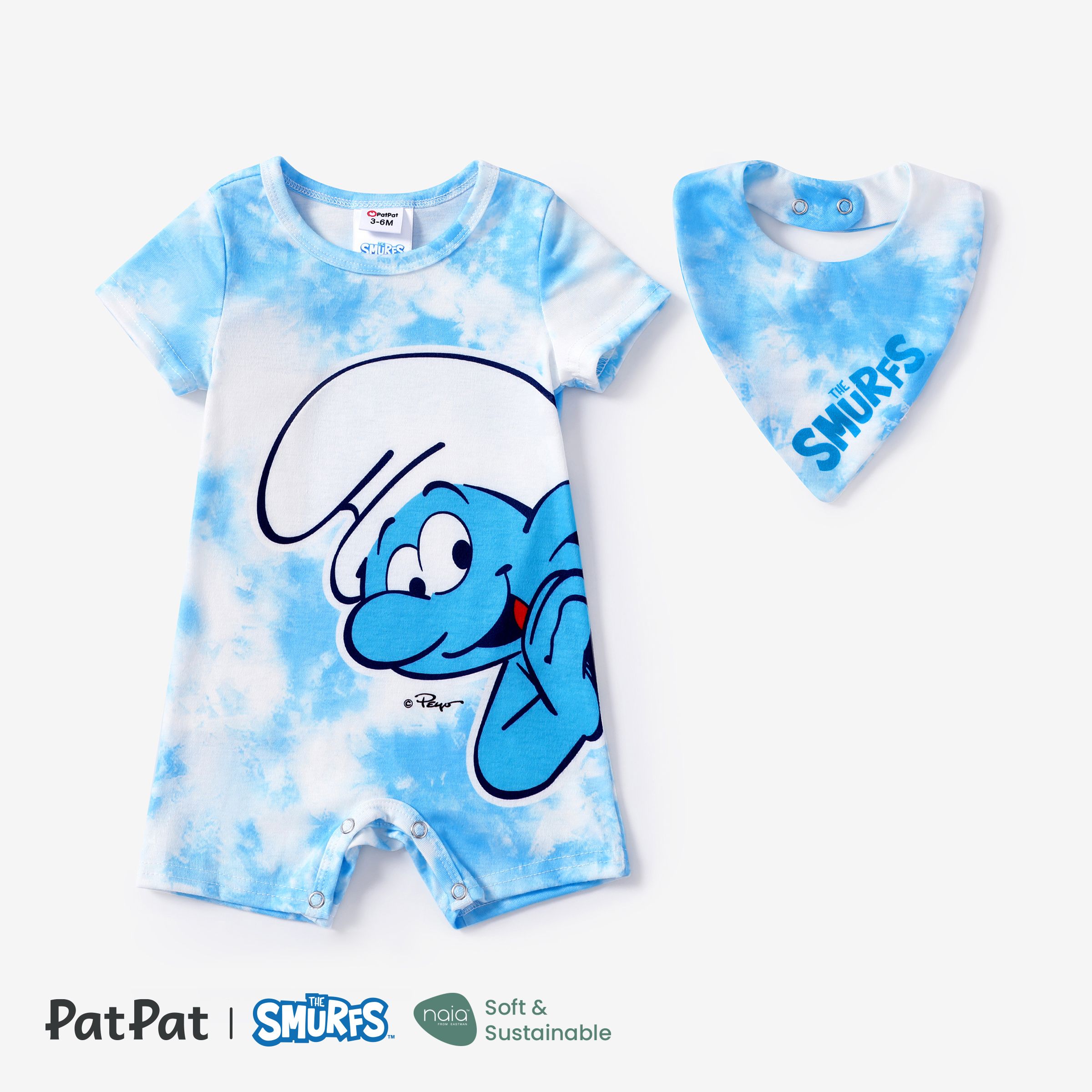 The Smurfs Baby Boys/Girls 2pcs Naiatm Tie-dye fun Character Print Onesie with Saliva Towel Set
