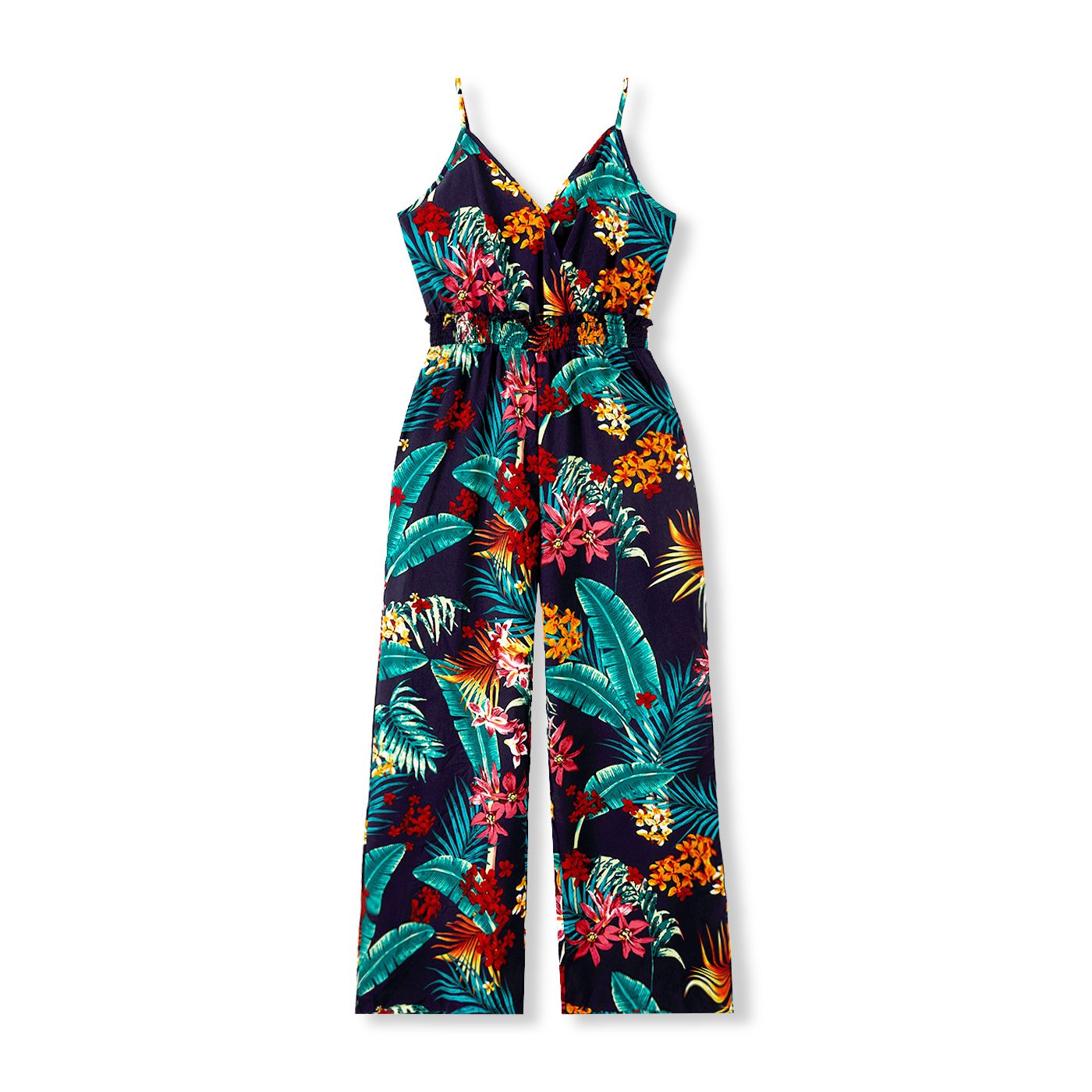 Mommy and Me Matching Tropical Floral Pattern Shirred Waist Long Pants Jumpsuits