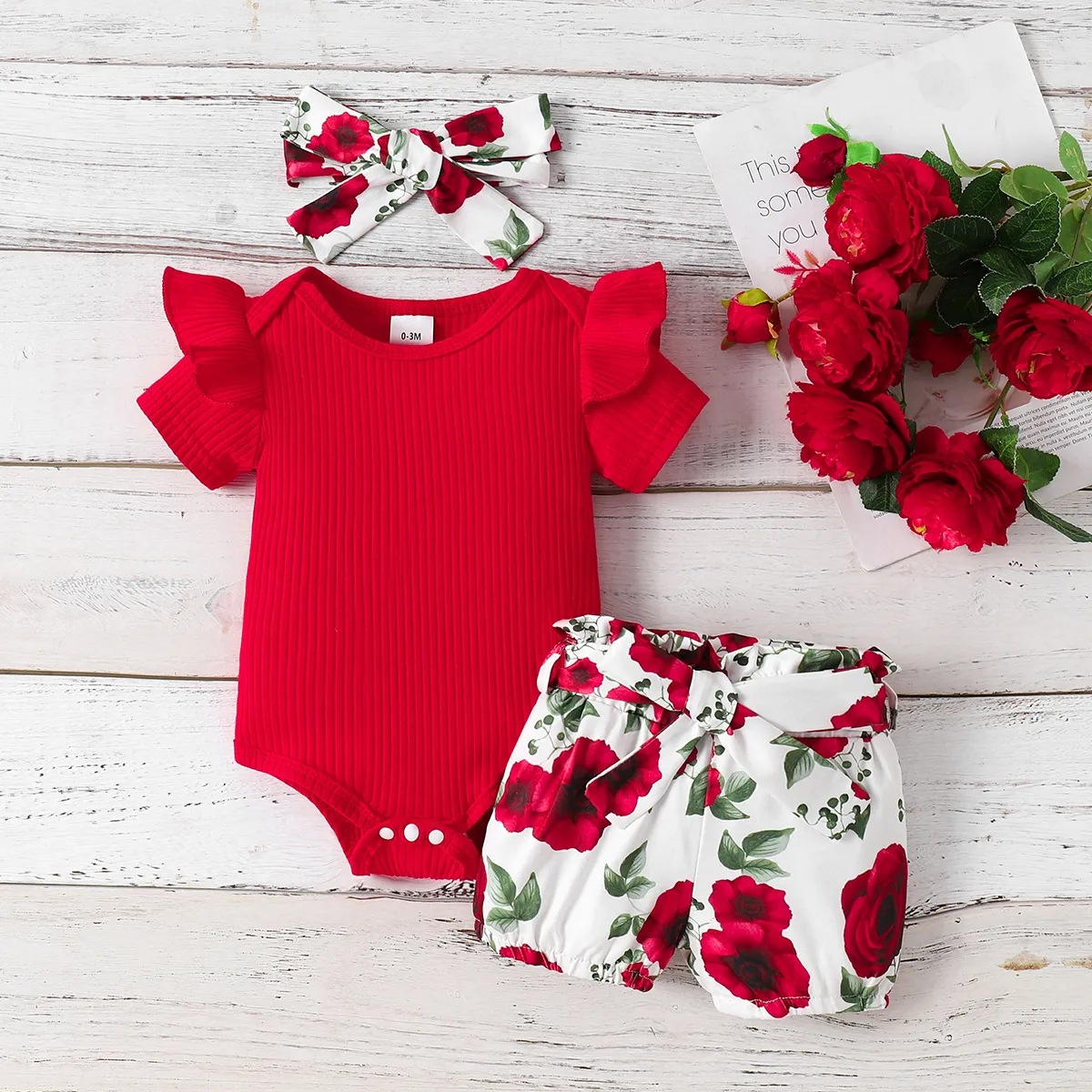 3pcs Baby Girl Ribbed Romper & Belted Shorts & Headband Set Red big image 1