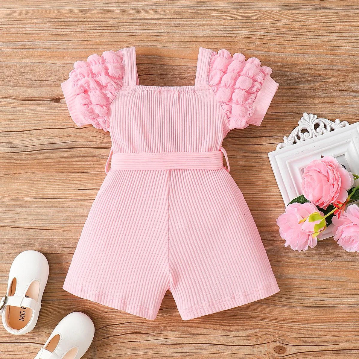 Baby Girl Puff-sleeve Solid Color Jumpsuit Pink big image 1