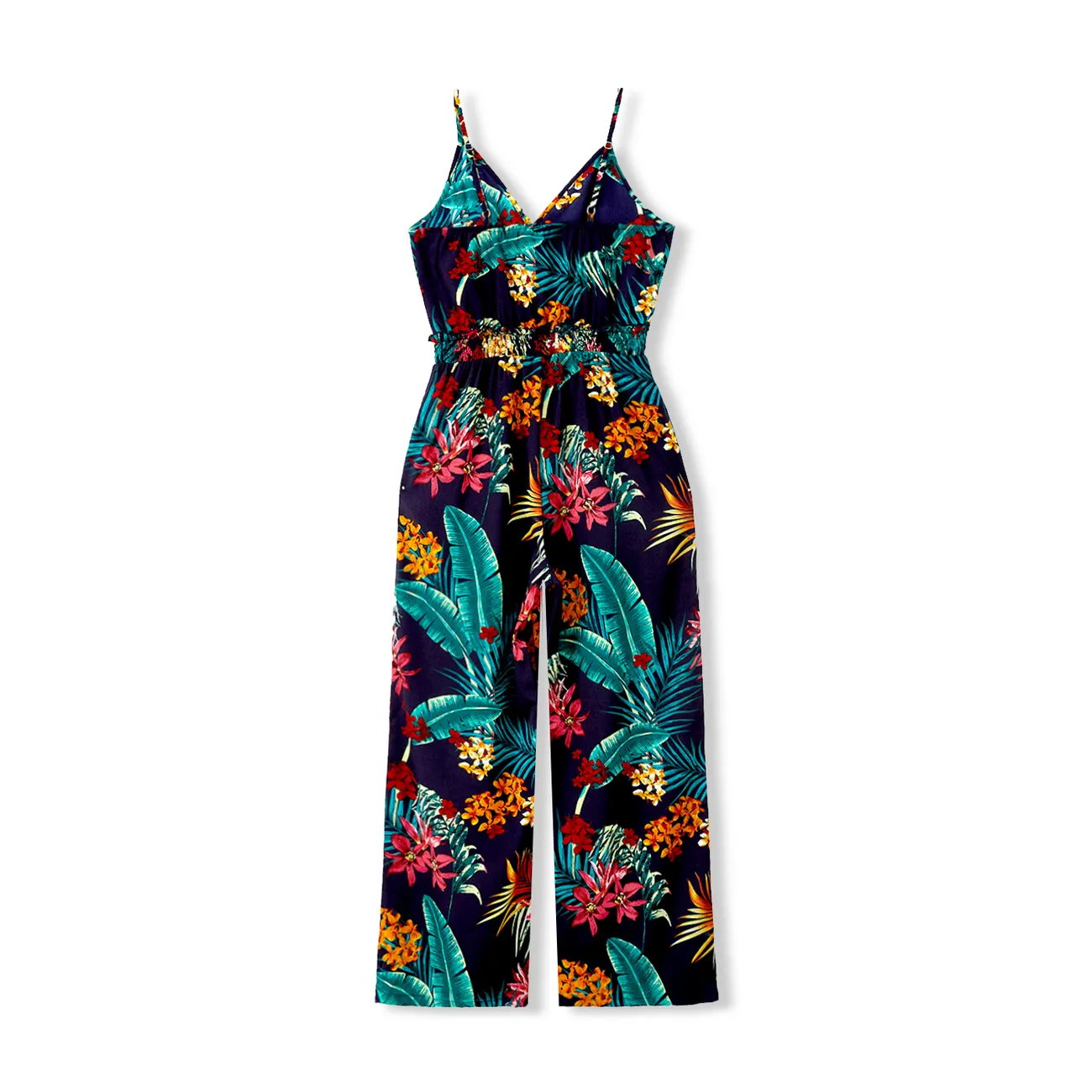 Mommy and Me Matching Tropical Floral Pattern Shirred Waist Long Pants Jumpsuits  royalblue big image 1