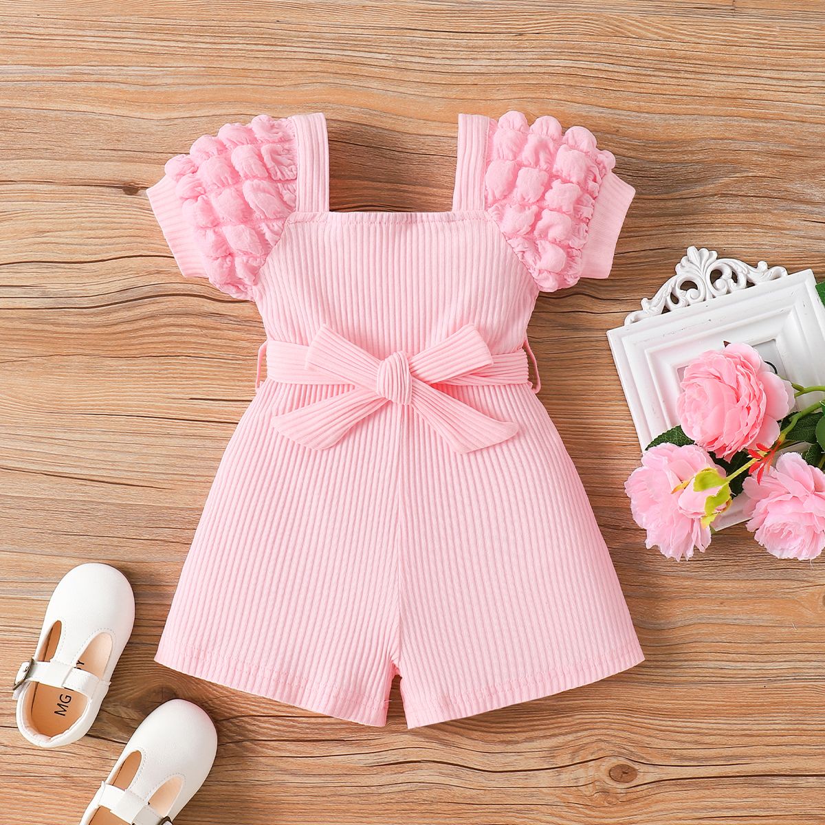 Baby Girl Puff-sleeve Solid Color Jumpsuit