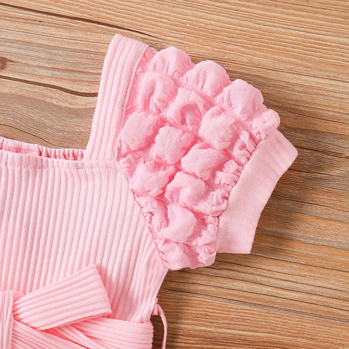 Baby Girl Puff-sleeve Solid Color Jumpsuit Pink big image 1