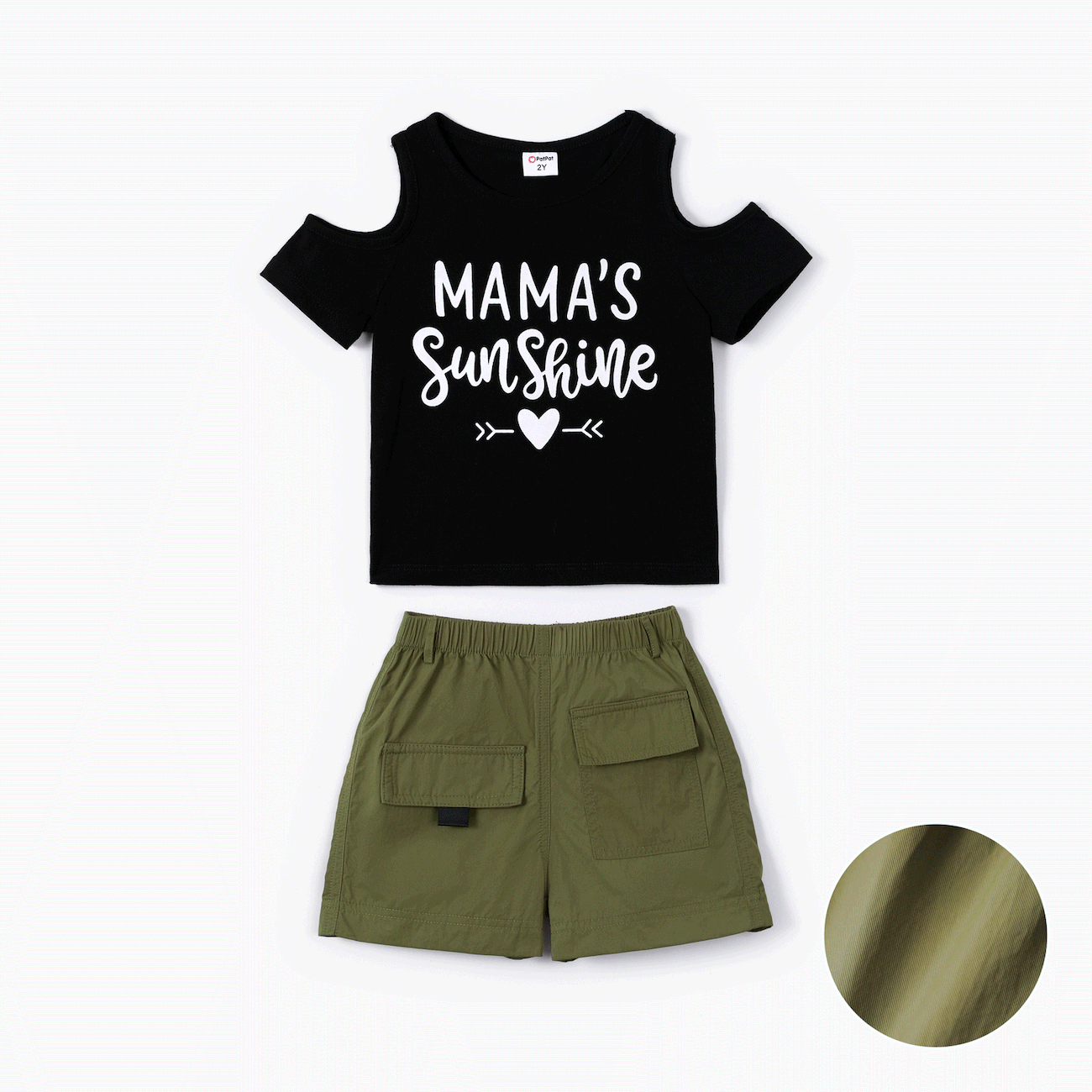 Camiseta con estampado de letras y pantalones cortos a prueba de aceite para niños pequeños / niñas de 2 piezas Verde oscuro big image 1