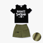 Camiseta con estampado de letras y pantalones cortos a prueba de aceite para niños pequeños / niñas de 2 piezas Verde oscuro