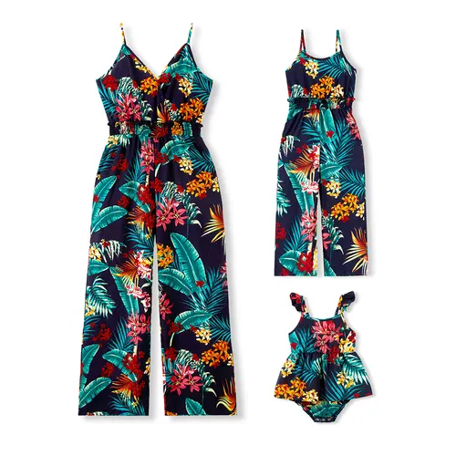 Mommy and Me Matching Tropical Floral Pattern Shirred Waist Long Pants Jumpsuits with Pockets