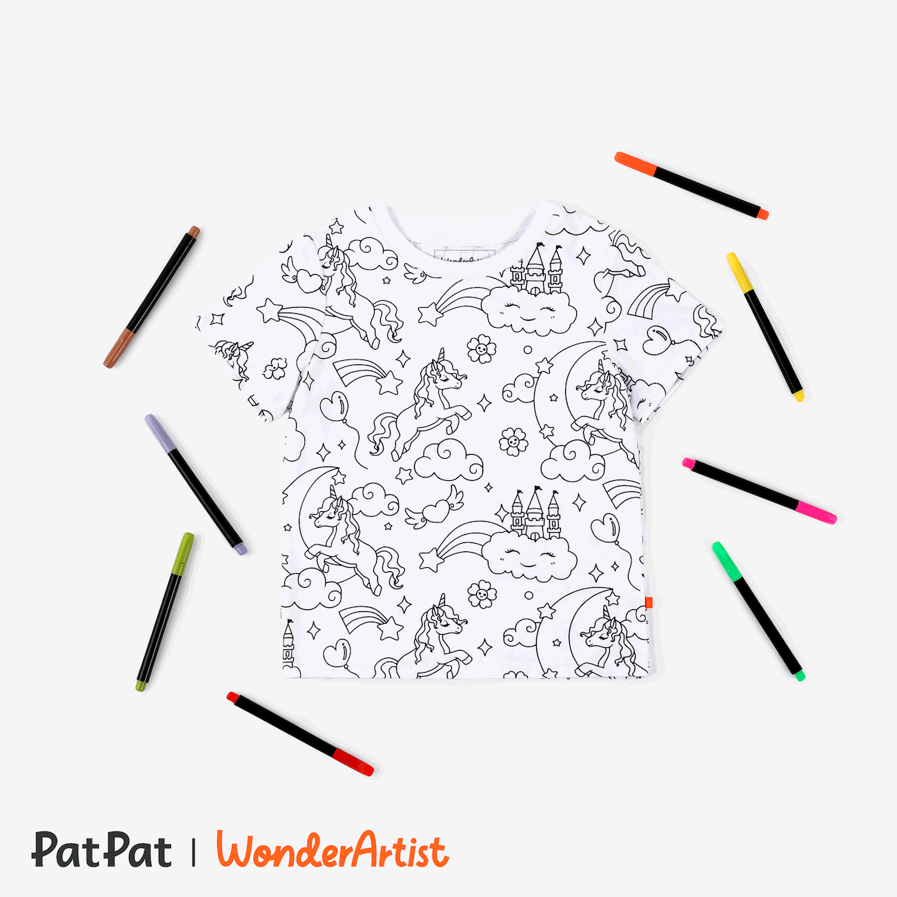 WonderArtist Camiseta para colorear para niños pequeños/niños/niñas con juego de marcadores textiles de 10 unidades unicornio big image 1