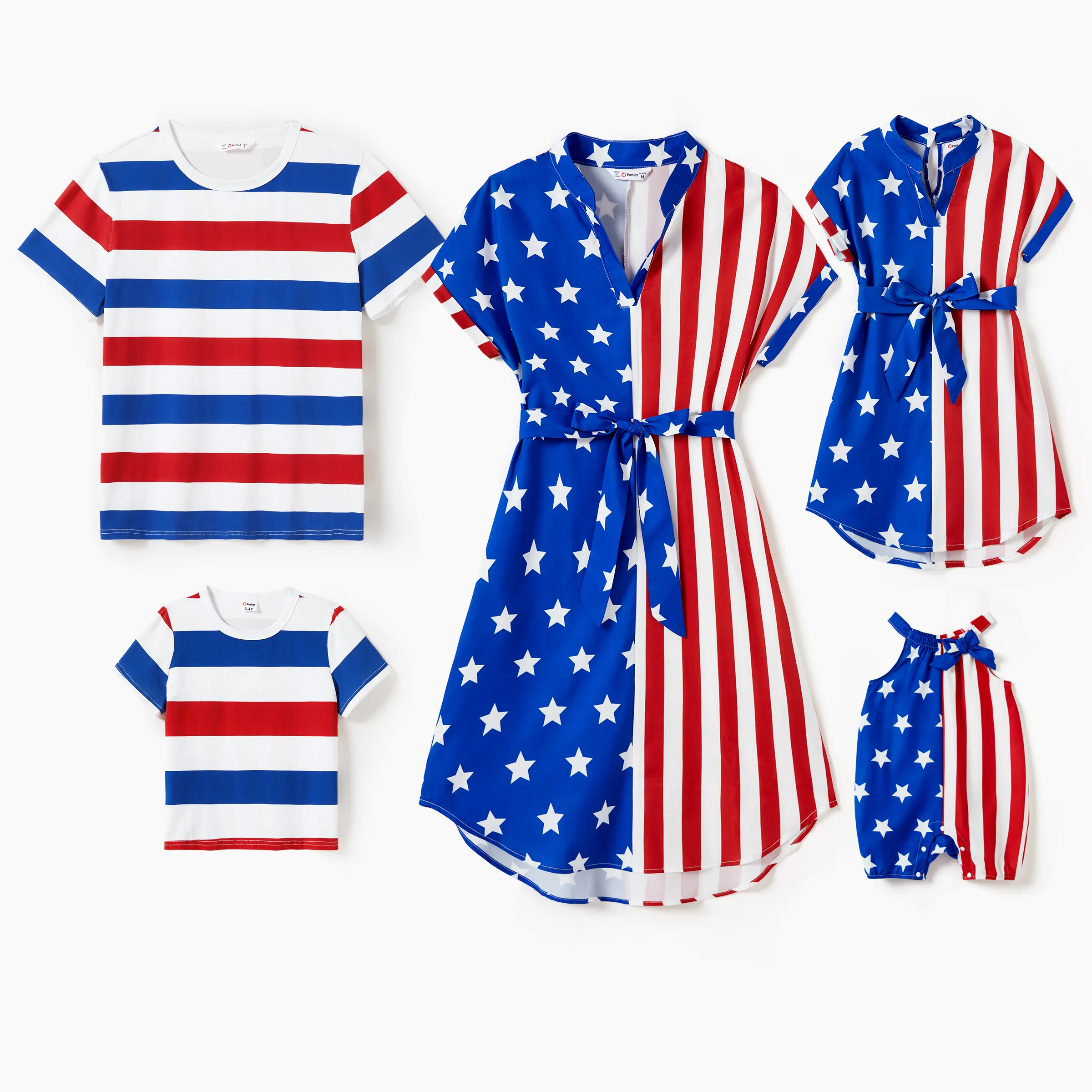 

Independence Day Family Matching Three Colors Stripe T-shirt and Notched Neck Belted Dress Sets