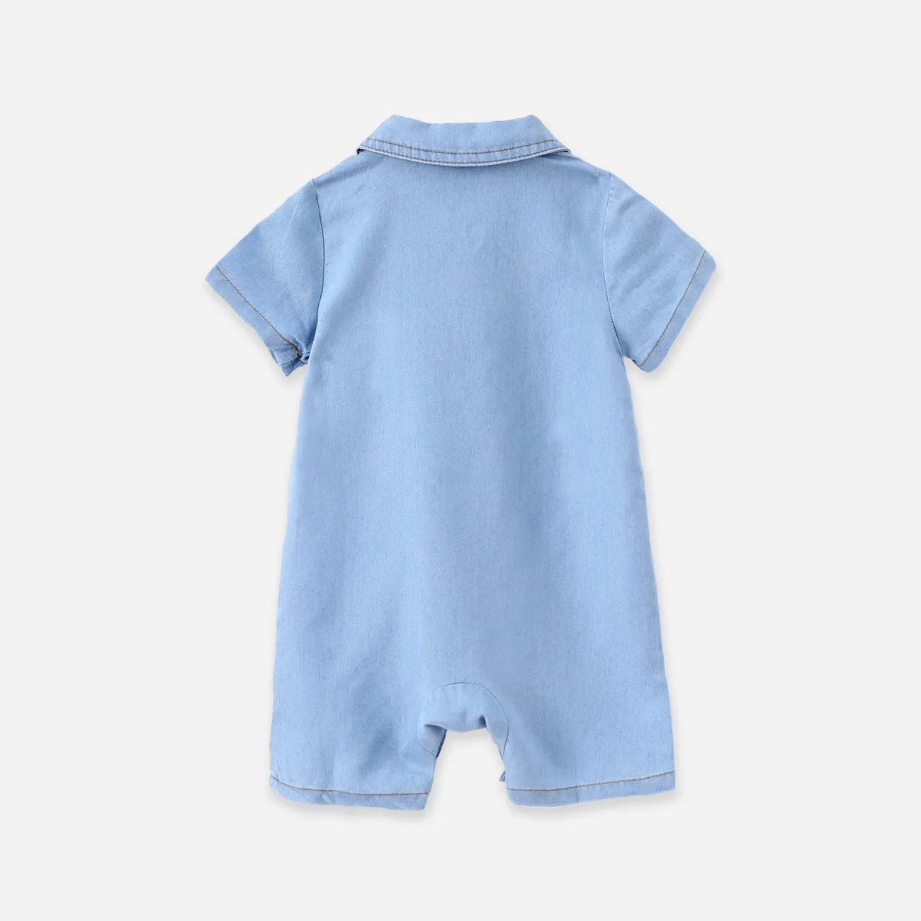 Baby Boy Cooling Denim Lapel Collar Button Design Solid/Floral Print Romper DENIMBLUE big image 1