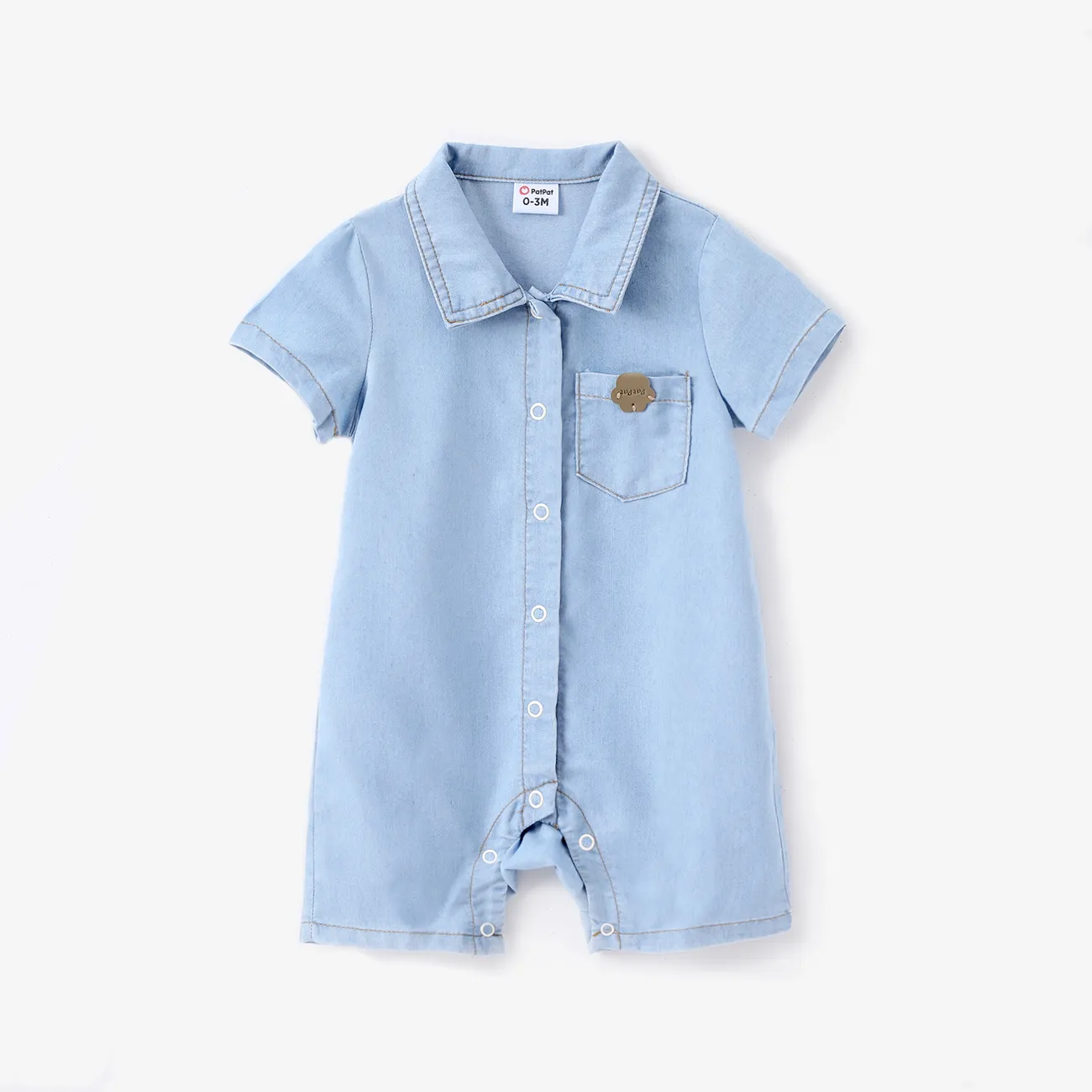 Baby Boy Cooling Denim Lapel Collar Button Design Solid/Floral Print Romper DENIMBLUE big image 1