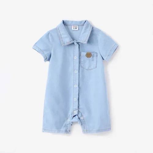 Baby Boy Resfriamento Denim Lapela Collar Button Design Sólido / Floral Romper Estampa