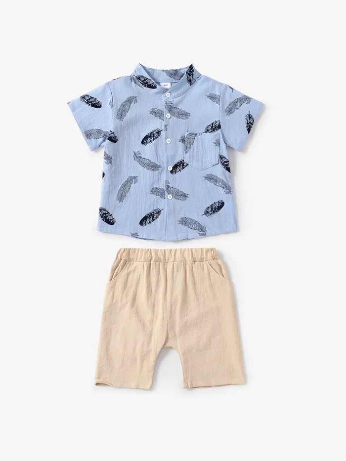 2pcs Toddler Boy Vacation Feather Print Shirt and Shorts Set