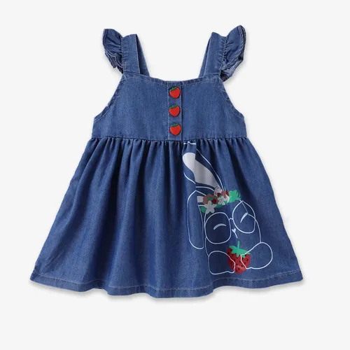 Vestido de botones con mangas abullonadas con estampado de conejo de mezclilla refrescante para bebé niña