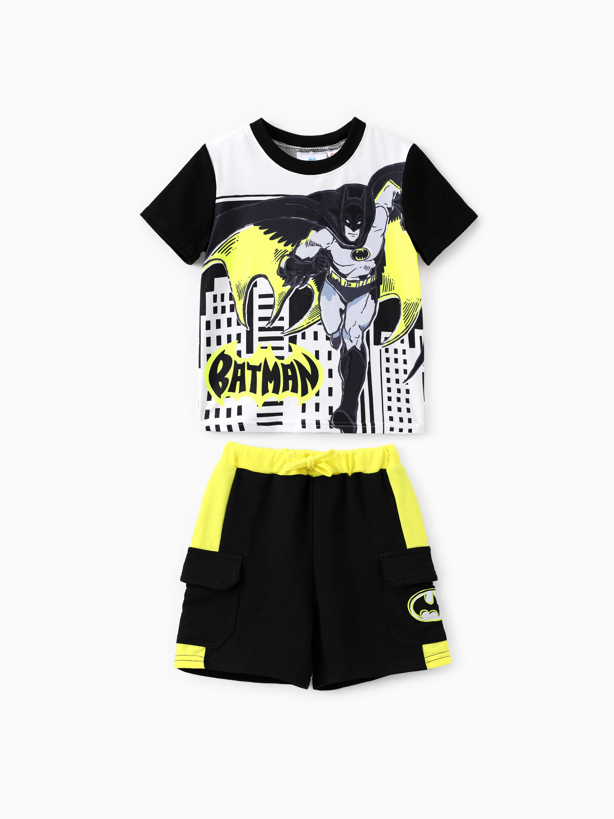 正義聯盟蹣跚學步男孩 2 件蝙蝠俠角色拼色印花 T 恤與短褲套裝