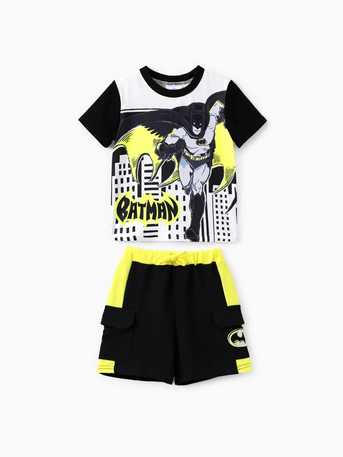 正義聯盟蹣跚學步男孩 2 件蝙蝠俠角色拼色印花 T 恤與短褲套裝
