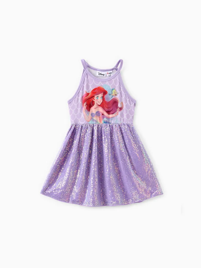 Princesa Disney Niñas Pequeñas Ariel 1pc Naia™ Degradado Vestido sin mangas de lentejuelas con estampado de lentejuelas