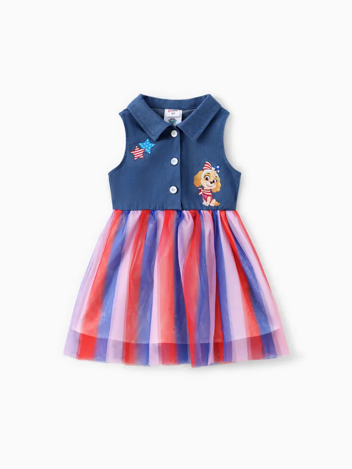 Paw Patrol Toddler Girls Independence Day 1pc Character Print Imitation denim Cotton Mesh Sleeveless Polo Dress
