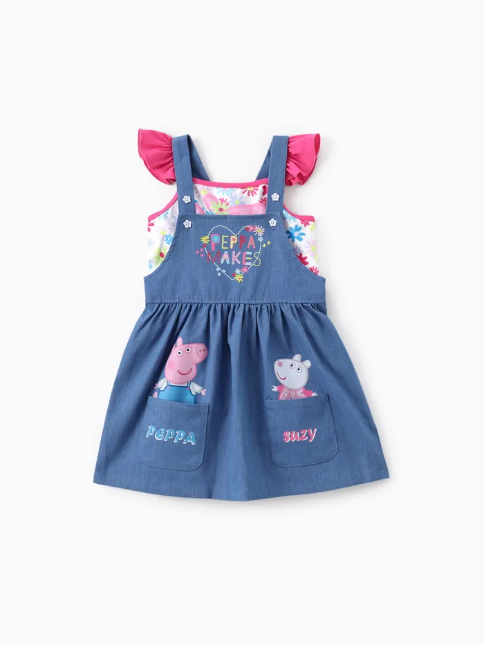 Peppa Pig 蹣跚學步的女孩 2 件花卉字元印花飄袖上衣搭配工作服牛仔口袋連衣裙