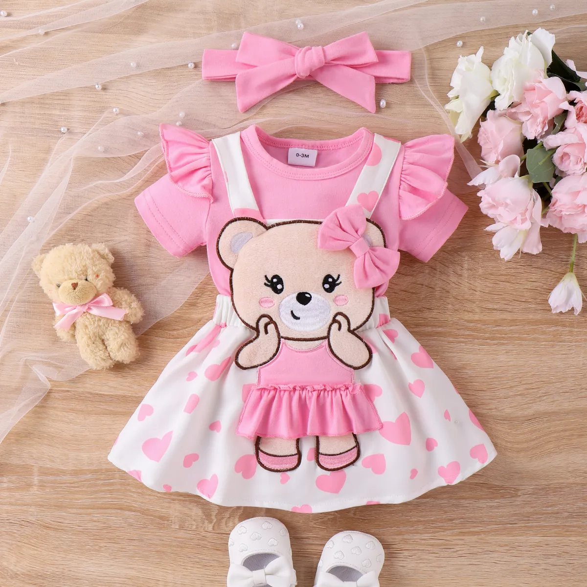 Baby Girl 3pcs Solid Romper and Bear Embroidery Overall Dress with Headband Set Pink big image 1