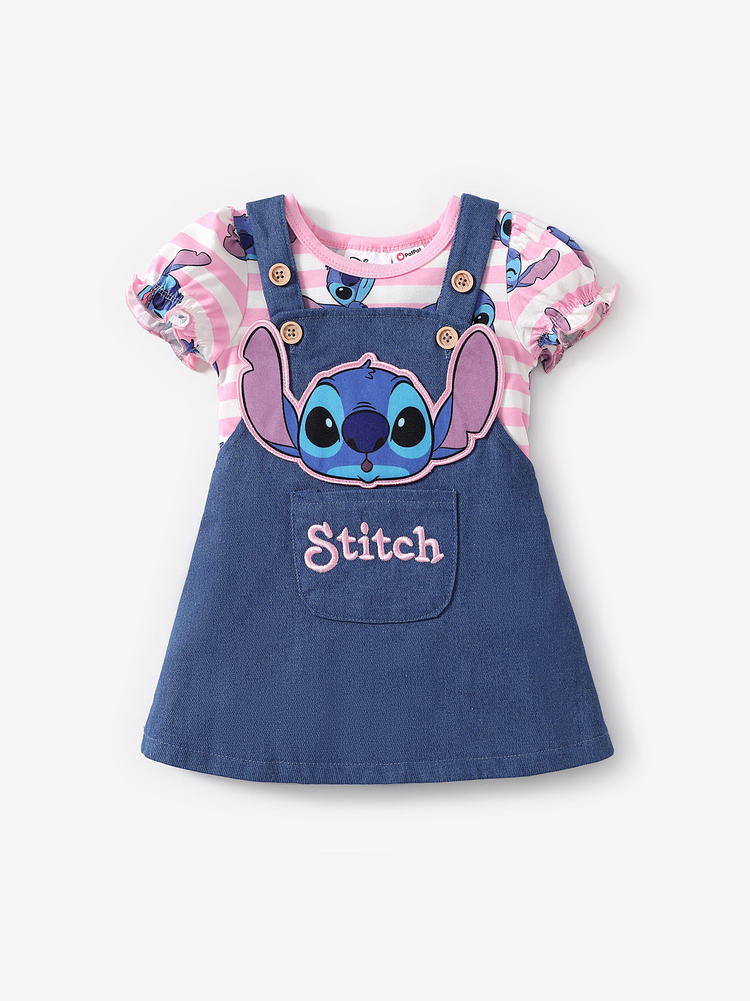 

Disney Stitch Baby Girls 2pcs Naia™ Stiped Character All-over Print Puffy-sleeve Romper with 3D Character Embroidery Denim Overalls Dress Set