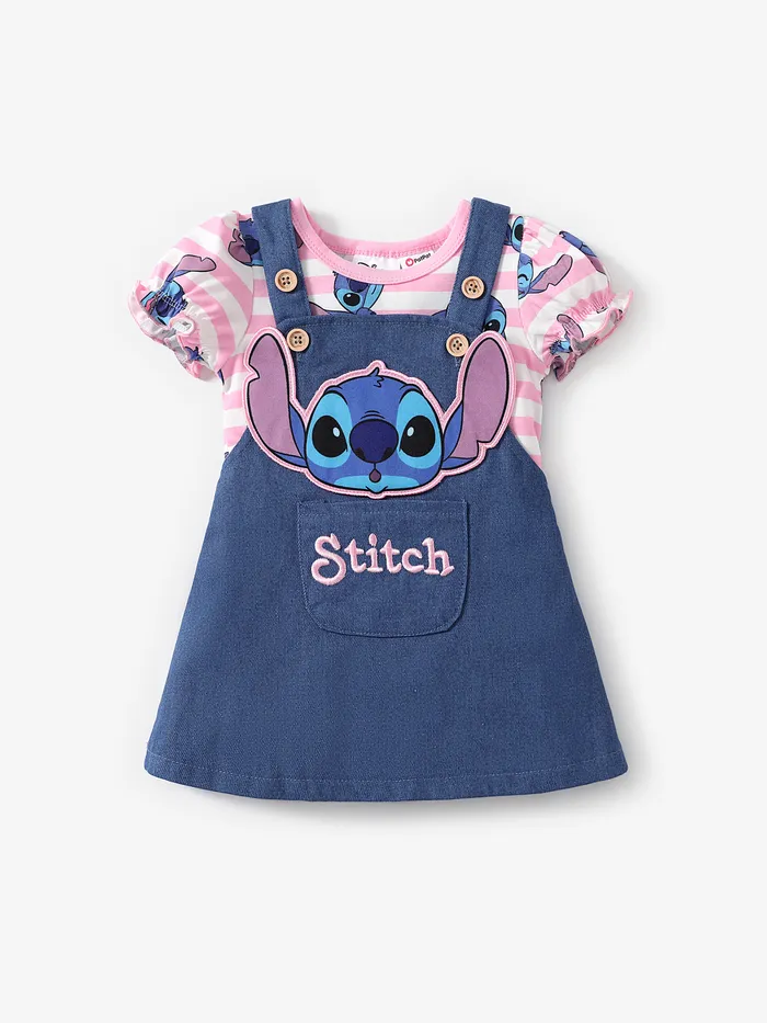 Disney Stitch Baby Girls 2pcs Naia™ Stiped Character All-over Print Puffy-sleeve Romper with 3D Character Embroidery Denim Overalls Dress Set