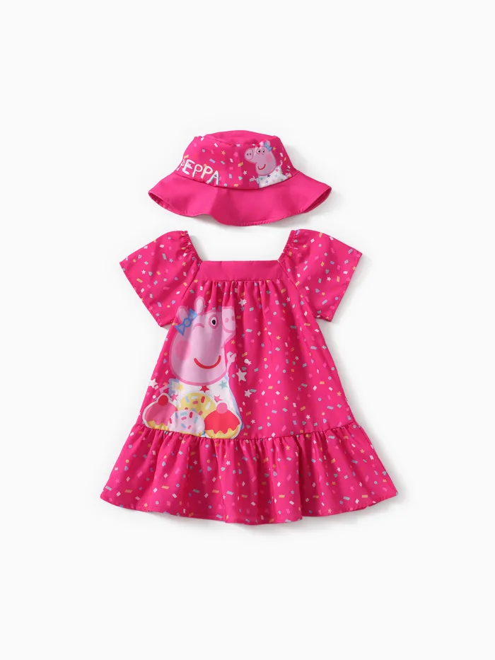 Peppa Pig Toddler Girls 2pcs Sweet Character Cake Print Square necklines Dress with a Lovely Hat Set