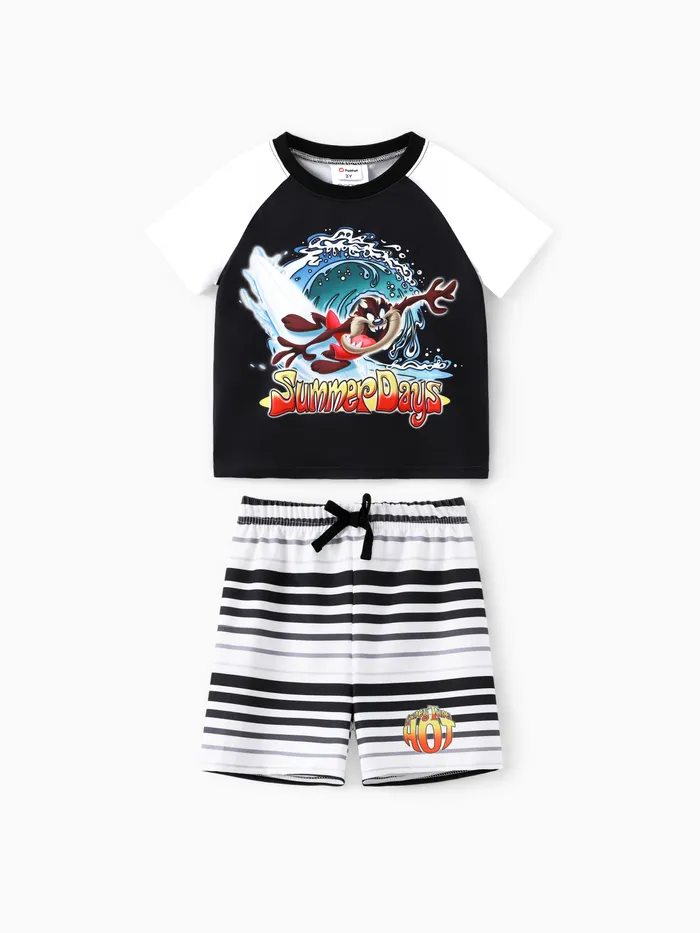 Looney Tunes Toddler/Kids Boys 2pcs Summer Style Surfing Print Tee com Shorts Listrados Set