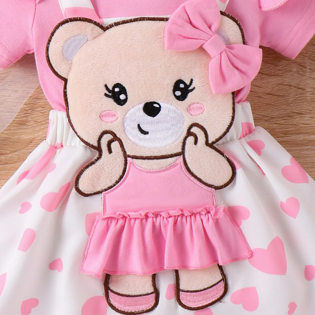 Baby Girl 3pcs Solid Romper and Bear Embroidery Overall Dress with Headband Set Pink big image 1