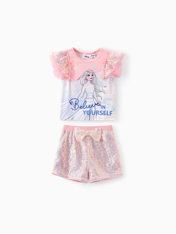 Disney Frozen Toddler Girls Elsa 2pc Naia™ Character Letter Print Sequins Flutter-sleeve Top with Sequins Bowknot Shorts Set