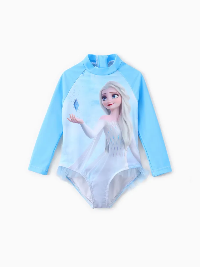Disney Frozen Kleinkind Mädchen Elsa 1pc Charakterdruck Langärmeliger Mesh-Badeanzug mit gerüschtem Saum