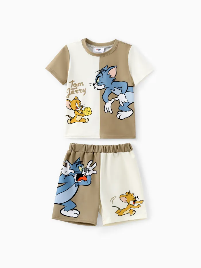 Tom and Jerry Toddler Boys 2pcs 拼色搞笑角色印花 T 恤和短褲套裝