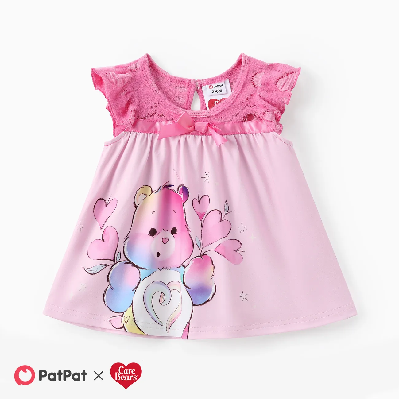 Care Bears Baby Girls 1pc Character Heart-pattern Print Lace Bowknot Flutter-sleeve Dress Pink big image 1