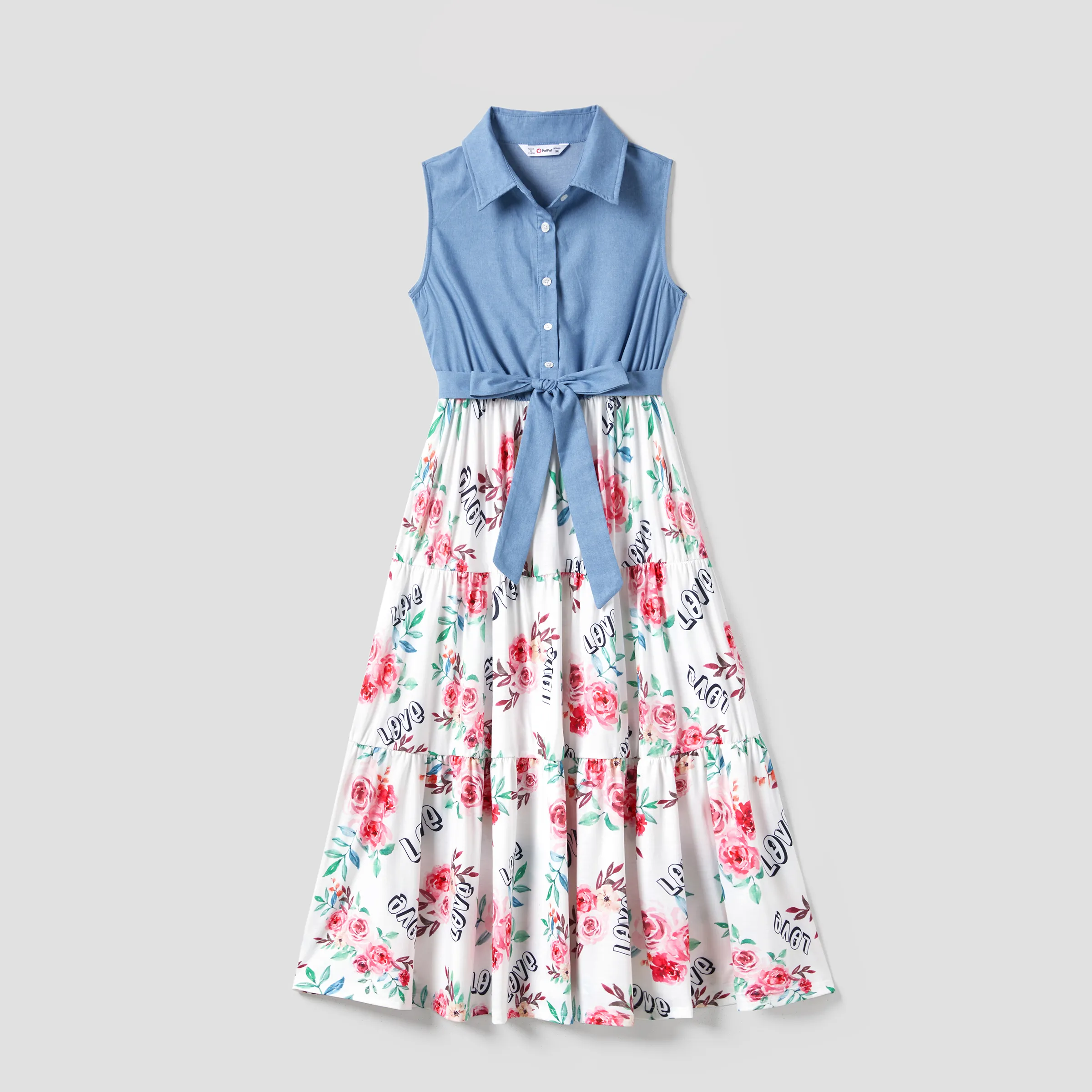 

Family Matching Sets Denim Blue Shirts Letter and Floral Print Dresses with Optional Headband