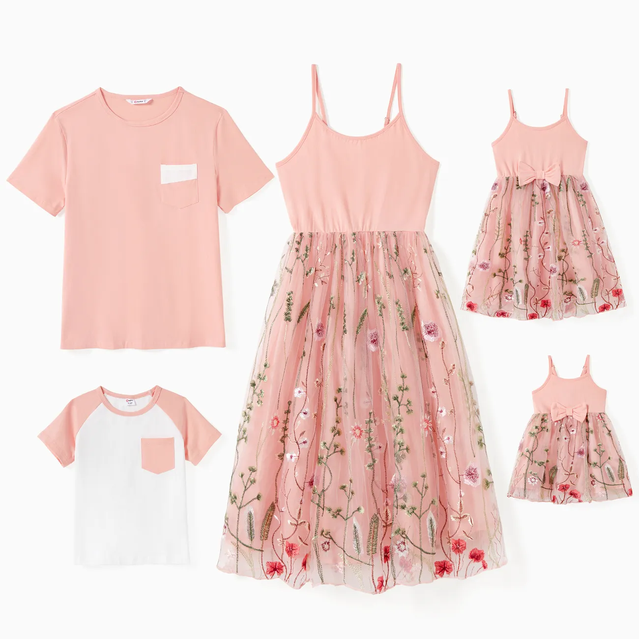 Family Matching Solid Color/ Raglan Sleeves Tee and Pink Cami Embroidered Tulle Strap Dress Sets Pink big image 1