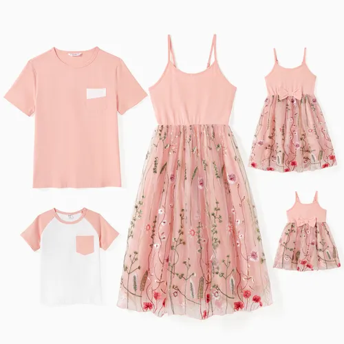 Family Matching Solid Color/ Raglan Sleeves Tee and Pink Cami Embroidered Tulle Strap Dress Sets