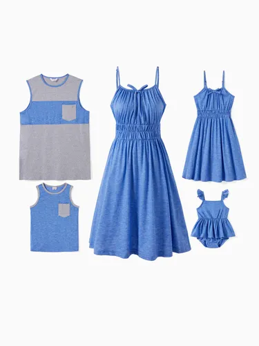 Family Matching Sets Color Block Cotton Tank Top or Solid color Ruched Bust Cinched Waist Dress