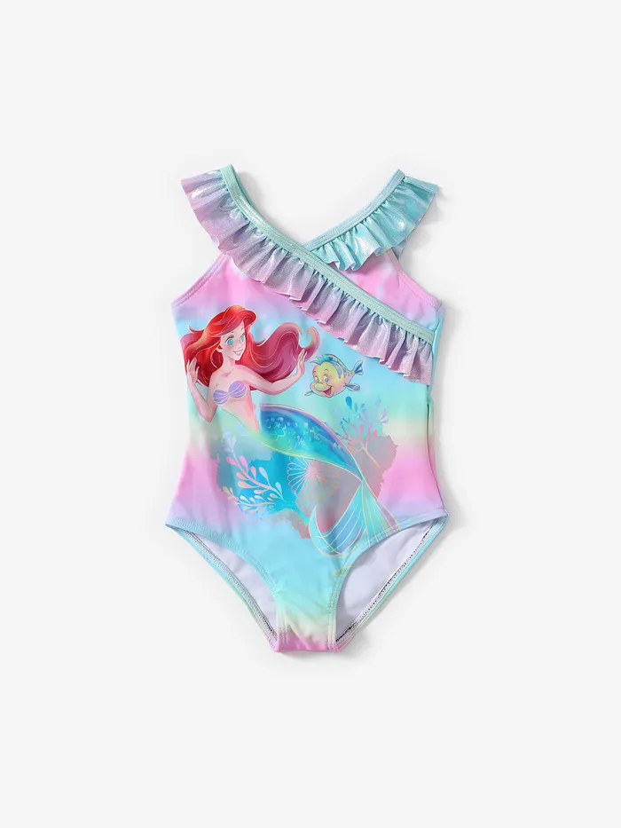 Princesa Disney Niñas Pequeñas 1pc Ariel Mermaid Estampado Degradado Capas Metálicas Con Volantes Traje De Baño 