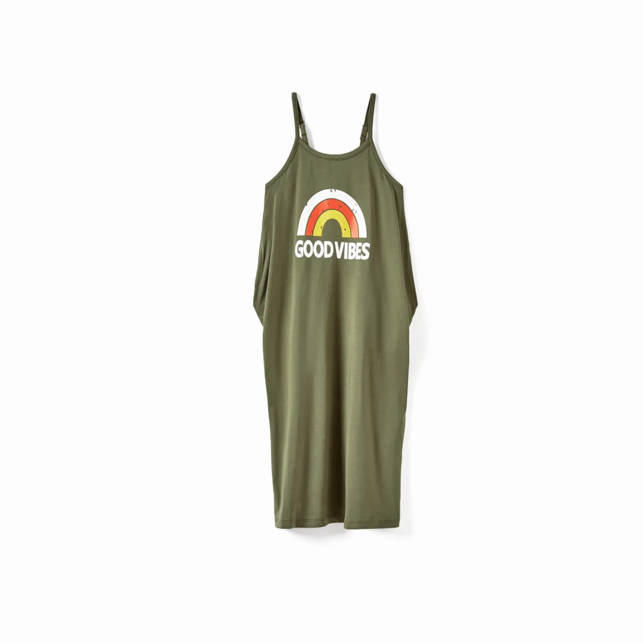 Mommy and Me Rainbow Graphic 'GOOD VIBES' Front Dress with Pockets Army green big image 1