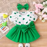 2pcs Baby Girl Heart Print Ruffled Faux-two Bowknot Dress & Headband Set Green